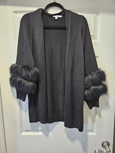 Chicos Black Cardigan Sweater Faux Fur Trim NWT $129 Sz 1 - Picture 1 of 5