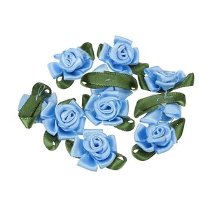 10PCS Mini Blue Satin Ribbon Roses with Green Leaves for Craft Projects - Picture 1 of 6