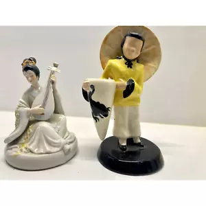 VNTG Asian Fig~Porcelain~ Vilas Man Rare Defect~ Geisha Asian Woman Playing Pipa - Picture 1 of 7