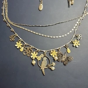 Pilgrim Denmark - 3 Strand Necklace - Yellow Enamel Flowers & Parrot - Picture 1 of 9