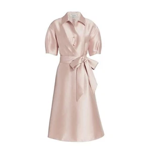 NWT! Size: 14 Teri Jon Mecato Pique Tie Puff-Sleeve Mikado Shirtdress in Pink - Picture 1 of 14