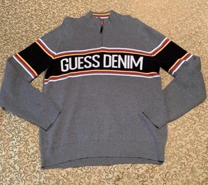 Guess Sweater Mens Large Gray Black 1/4 Zip Pullover Fleece Spell Out VTG Y2K - Picture 1 of 4