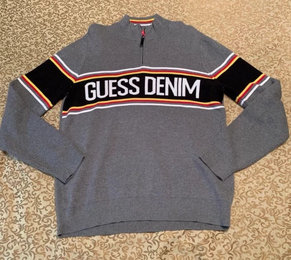 Guess Sweater Mens Large Gray Black 1/4 Zip Pullover Fleece Spell Out VTG Y2K - Image 1 of 4