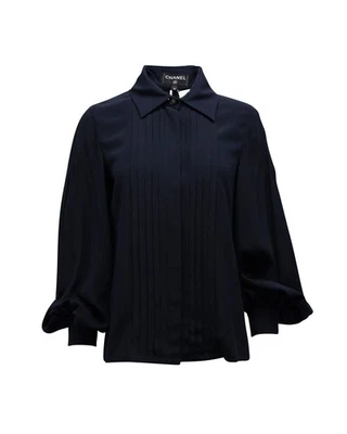 Blusa Chanel Oculta Botón Plisado En Seda Mujer Azul Talla 40 Foto 1 de 4