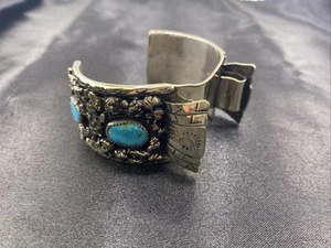 Vintage Sterling Silver Turquoise Native American Inspired Watch Cuff 96.6g - Picture 1 of 7