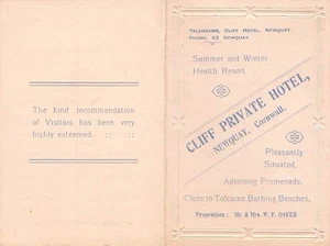Early NEWQUAY Cornwall CLIFF PRIVATE HOTEL Promotion Card - Picture 1 of 2
