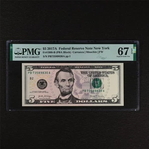 2017A Federal Reserve Note New York 5 Dollars Fr#1998-B PMG 67 EPQ SuperbGem UNC - Picture 1 of 4