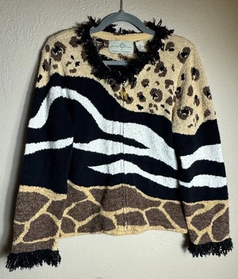 Cardigã suéter com franjas estampa animal Jane Gordon opções de design vintage tamanho P - Imagem 1 de 4