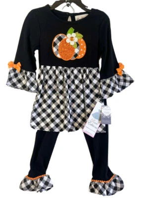 Rare Editions 2T-6X Top & leggins Girls Black Plaid 2 pc Sequin Pumpkin NWT $35 - Image 1 of 4