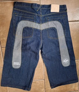 Vintage EVISU Genes Denim Button Fly Blue/Grey Jean Shorts Long Baggy Size 38 - Foto 1 di 9