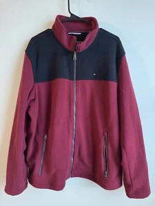 Tommy Hilfiger Fleece Jacket XLarge Burgundy Red Full Zip Logo Pockets Mens - Picture 1 of 13