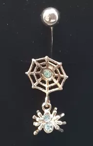 316L Stainless Steel Belly Bar Navel Spiders web 3 Blue Cubic Zirconia Stones - Picture 1 of 2