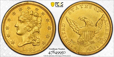 Cabeza clásica 1836 oro $2,50, escritura 8, detalles de U GRADUACIÓN PROFESIONAL Foto 1 de 4