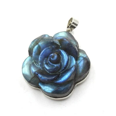 Colgante de piedra con flor de rosa tallada a la luz de la luna de labradorita natural para mujer joyería Foto 1 de 4