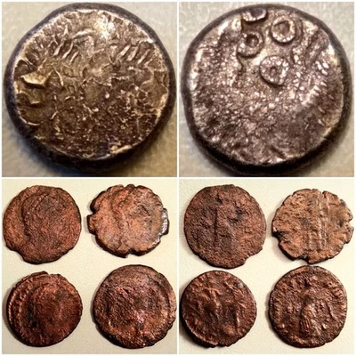 70-50 BC Celtic Gaul SILVER AR Quinarius + 4 Roman Bronze AE coin/ingot/unit/lot - Image 1 of 4