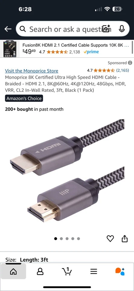 Monoprice 8K Certified Braided Ultra High Speed HDMI 2.1 Cable 3ft Black 48Gbps - Image 1 of 1