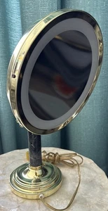 Vintage 90s Make Up Vanity Mirror Lighted Magnifying Brass Gold  & Gr.Table Top - Picture 1 of 9