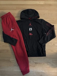 Jordan Boys 2pc Black Red Sweatshirt Hoodie Sweatpants Outfit Size Large L 12/14 - Picture 1 of 6