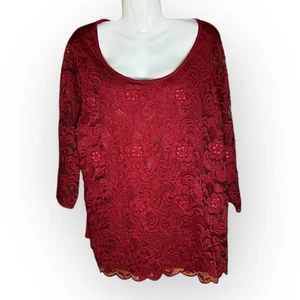 Roz & Ali Women’s Long Sleeve Blouse 2X Zip Back Lace Lined Red Cherry Girl - Picture 1 of 13