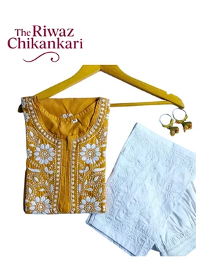 Yellow Chikankari Kurti with White Pant Set for Women | Handmade Cotton Embroide - Image 1 of 4