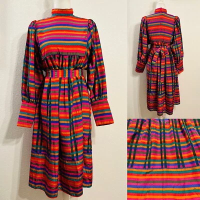 Vestido Midi De Colección Años 80 Lizzy & Johnny Lucero Multicolor Rayas Satén Wm 8 Cinturón Foto 1 de 4