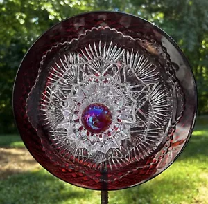 Ruby Red & Clear Diamond Glass Garden Flower Repurposed Suncatcher Yard Art - Picture 1 of 6