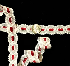 Double Scalloped Lace Trim Galloon Shiny Lace Trim 3/4" White & Red 10 yds #MC86 - Picture 1 of 2