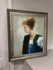 Handarbeit Ölgemälde Kunst weiblicher Impressionismus Mädchen auf Leinwand XL gerahmt 29x25 - Bild 1 von 12