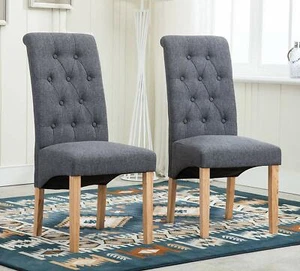 Set of 2 Grey Fabric Linen Dining Chairs Roll Top Scroll High Back With BUTTONS - Picture 1 of 20