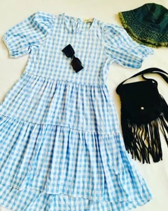 Gingham Smock Dress with Tiers in Blue and White Check - Picture 1 of 3