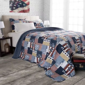 Patriotic Blue Striped and Plaid Queen Quilt Breathable Warm Enough Bedding - Picture 1 of 3