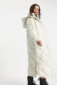TOPSHOP Cream Reversible Longline Hooded Puffer Jacket Size UK 6 - Picture 1 of 3