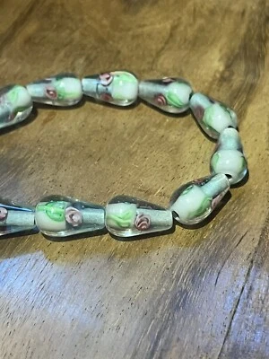 6in Strand Vintage 1950s Lampwork Japanese Glass Teardrop Beads Rare Pink Green - Image 1 of 3
