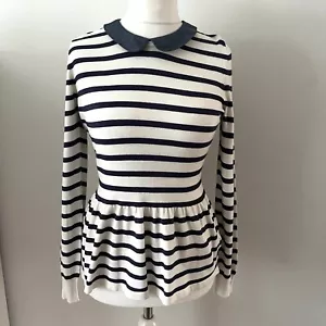 M&S Collection Pullover Größe 12 blau weiß gestreift Schößchen Kragen Schlüssellochausschnitt - Bild 1 von 13