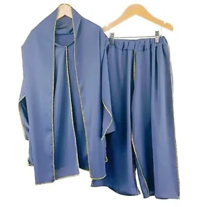 Girls Kids Sage Blue / Gold Long Sleeve Abaya With Trouser 2 Piece Set UK - Picture 1 of 1