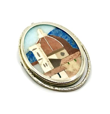 Spilla Pendente Mosaico Commesso Fiorentino In Pietra Dura Argento Firenze Rara - Immagine 1 di 4