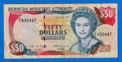 Billete Bermudas $50 1997 P-48 QE II Circulado C/1 830447 RARO Foto 1 de 4