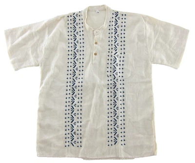 New Vintage 100% Raw Cotton Ivory Blue Short Sleeve Pullover Shirt Men XL 44 - Image 1 of 4