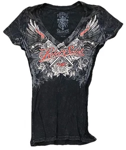 *Sharp* Rebel Saints Graphic T-Shirt Women Mediun M Black Roses Wings - Picture 1 of 8