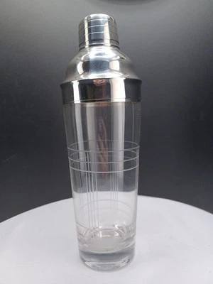 RETRO ART DECO Glass Cocktail Shaker Etched Grid Stainless Steel Rim & Cap - Image 1 of 4