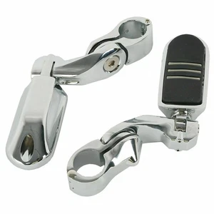 Chrome Short Angled Mount Engine Guard Foot Pegs Black For Harley Softail - Picture 1 of 8