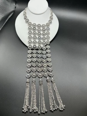 Chico’s Statement Necklace NWT Silver Tone Sabina Tassel Bib Long - Image 1 of 4
