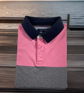 Tommy Hilfiger Polo Shirt Mens Large Pink Gray Striped Short Sleeve 100% Cotton - Picture 1 of 10