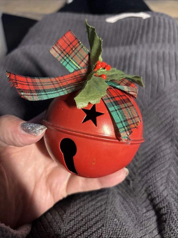 JINGLE BELL BELLS 5.5" 5 1/2 in Primitive Red Tin Christmas Crafts Jute - Image 1 of 1