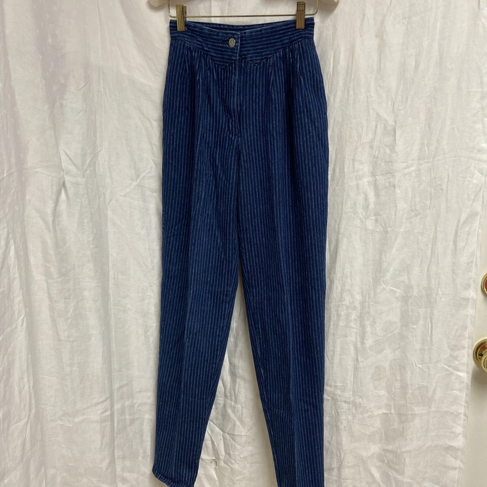 Vintage 80's Jordache Size 27L 24” High Waist Rise Blue Stripped Mom Jeans - Image 1 of 4