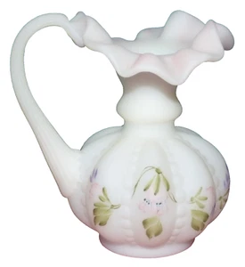 Thomas Fenton Beaded Melon White & Pink Glass Pitcher Painted by S. Hart #187 - Picture 1 of 6