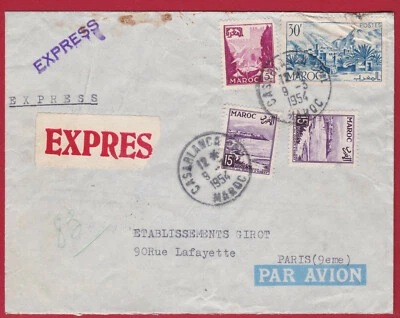 1954 Morocco Maroc Casablanca EXPRESS POST Airmail Postal Cover to Paris France  - Image 1 of 3