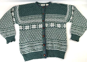 Vtg Fair Isle Wool Blend Cardigan Sweater Northern Reflections Nordic Green M - Picture 1 of 8