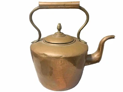 Large 19th C Copper Tea Kettle With Lid And Brass Accents - Изображение 1 из 4