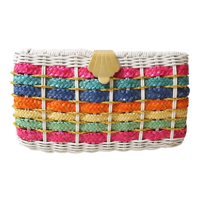 1960’s Rainbow Striped White Wicker Woven Basket Purse Bag Gold Tone Chain Strap Foto 1 de 4